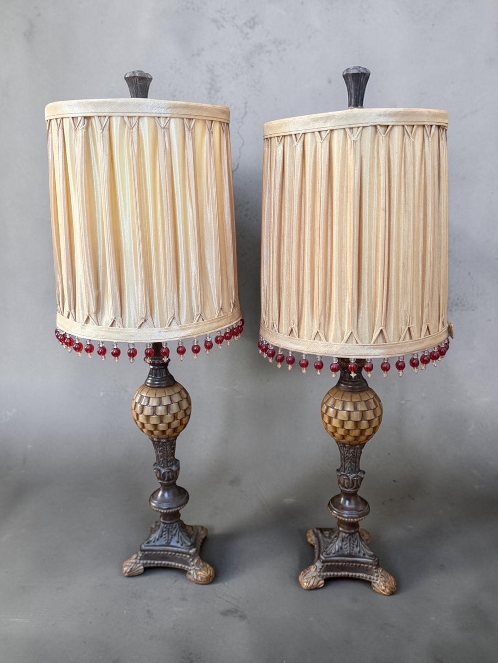 Vintage Regency Pair of Cream Table Lamps with Red Beaded Fringe
